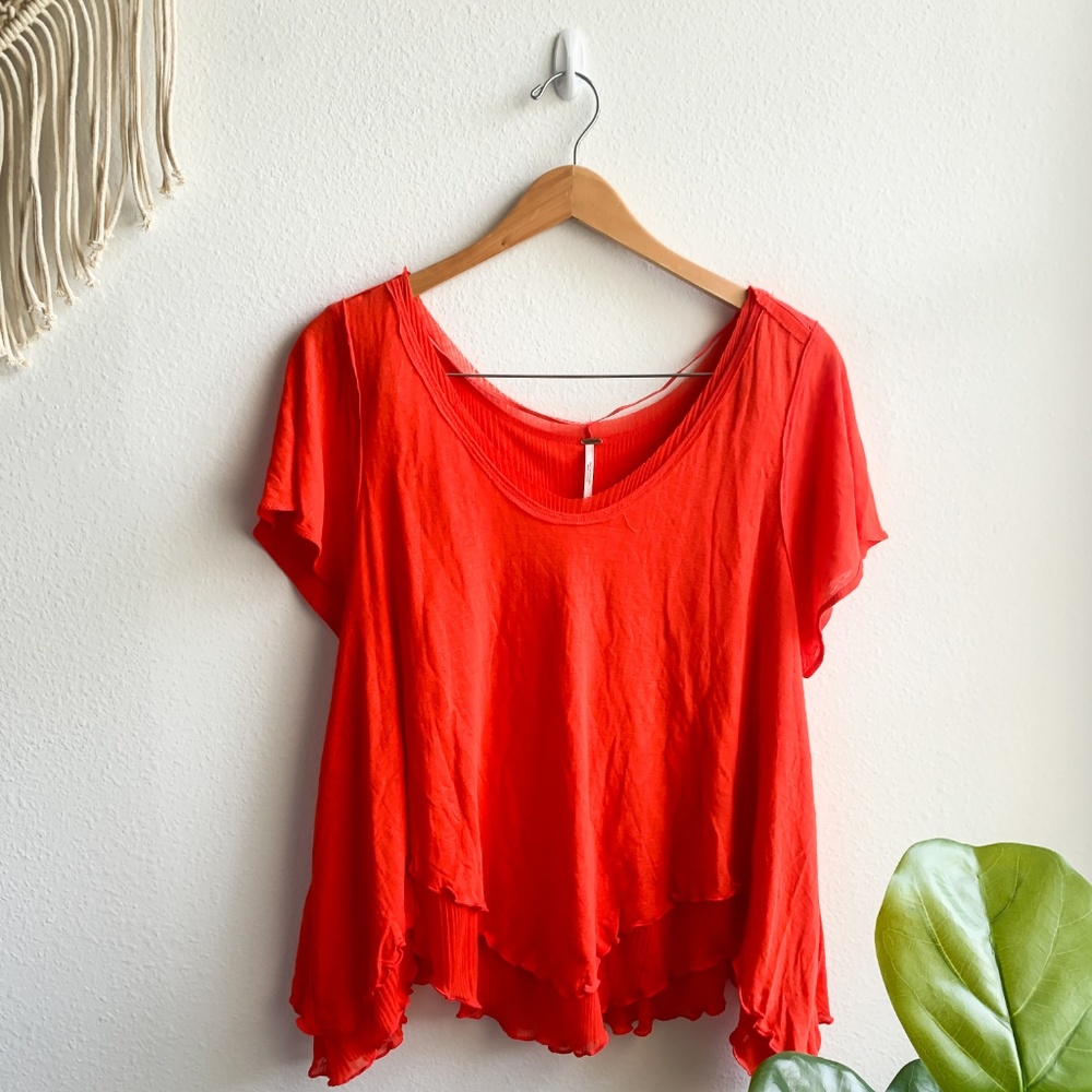 Free People Short Sleeve Top Bright Red Sz S